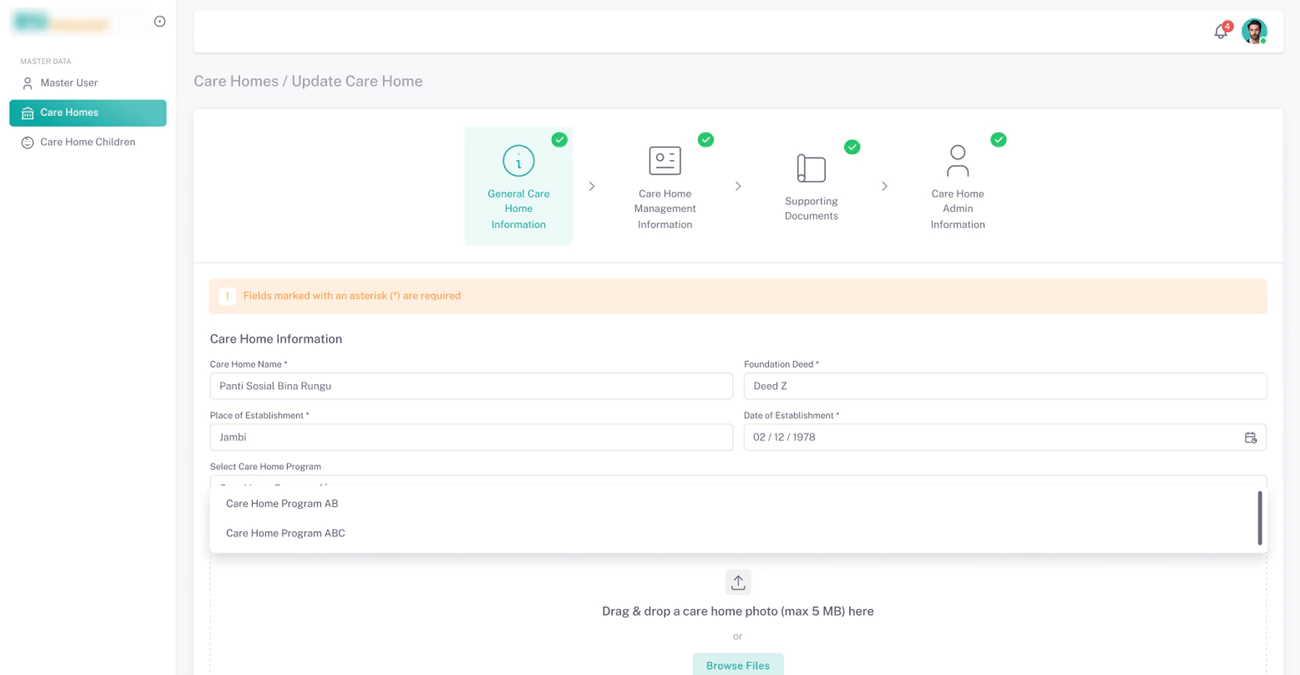 Update Care Home, step 1 of 4: General Care Home Information, with the care home's name, deed, place and date of founding, and the program picker open.