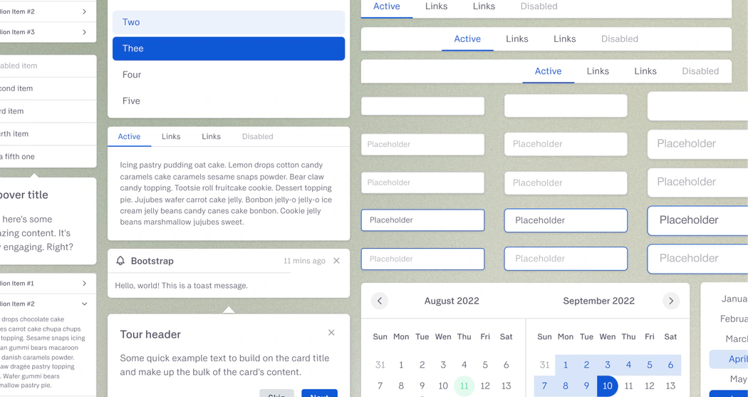 Parts of the ready-made design kit: list groups, tabs, a toast, a tour, a popover, nav tabs, form fields in 3 sizes and a date picker.
