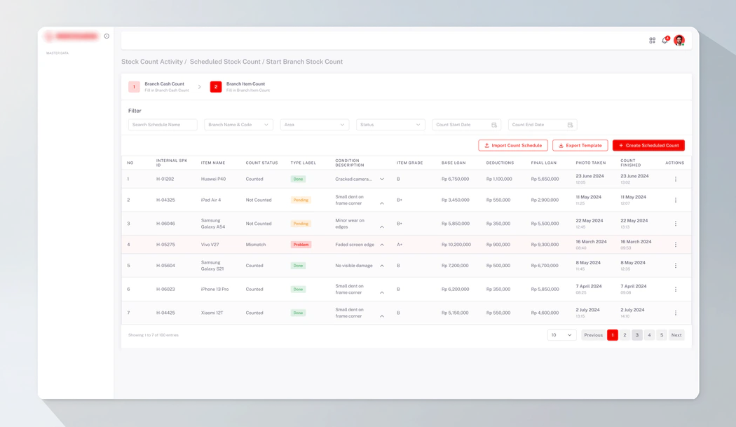 Branch stock-count screen: cash and item counts per branch, with item status, condition, loan values and photo times.