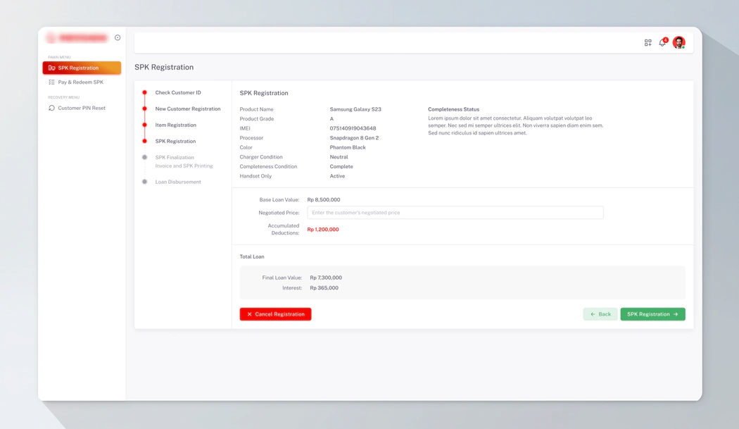 SPK registration screen: the head-office base loan value next to the negotiated price, with deductions and the final loan.