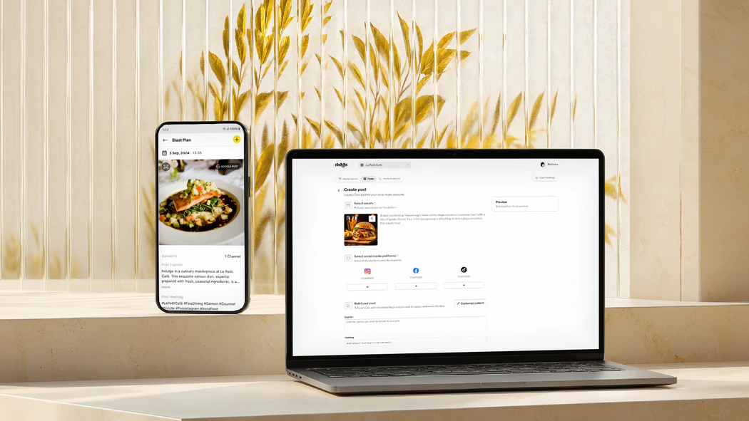 The social media tool on a phone and a laptop: a scheduled post with its photo, caption and hashtags on the phone, and the Create post screen on the laptop.