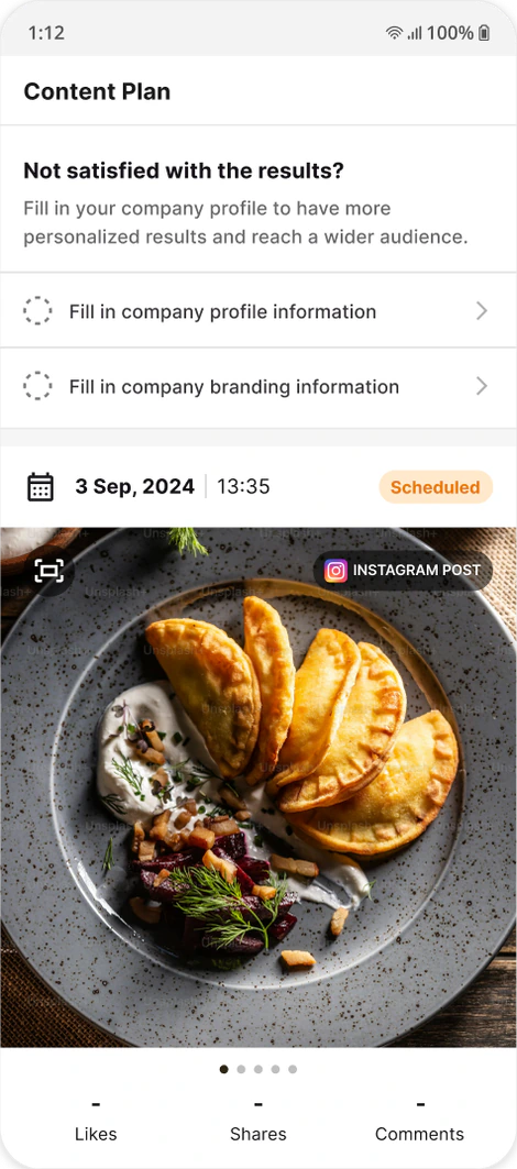 Content plan: an uploaded food photo turned into an Instagram post scheduled for 3 Sep 2024.