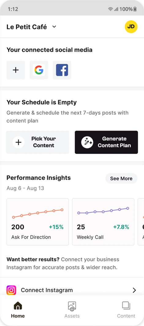 Home screen with connected social accounts and performance insights (direction requests +15%, calls +7.8%).