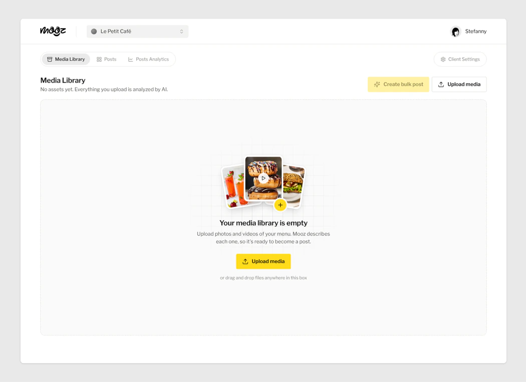 Empty media library: “Your media library is empty”, with an Upload media button and drag and drop.