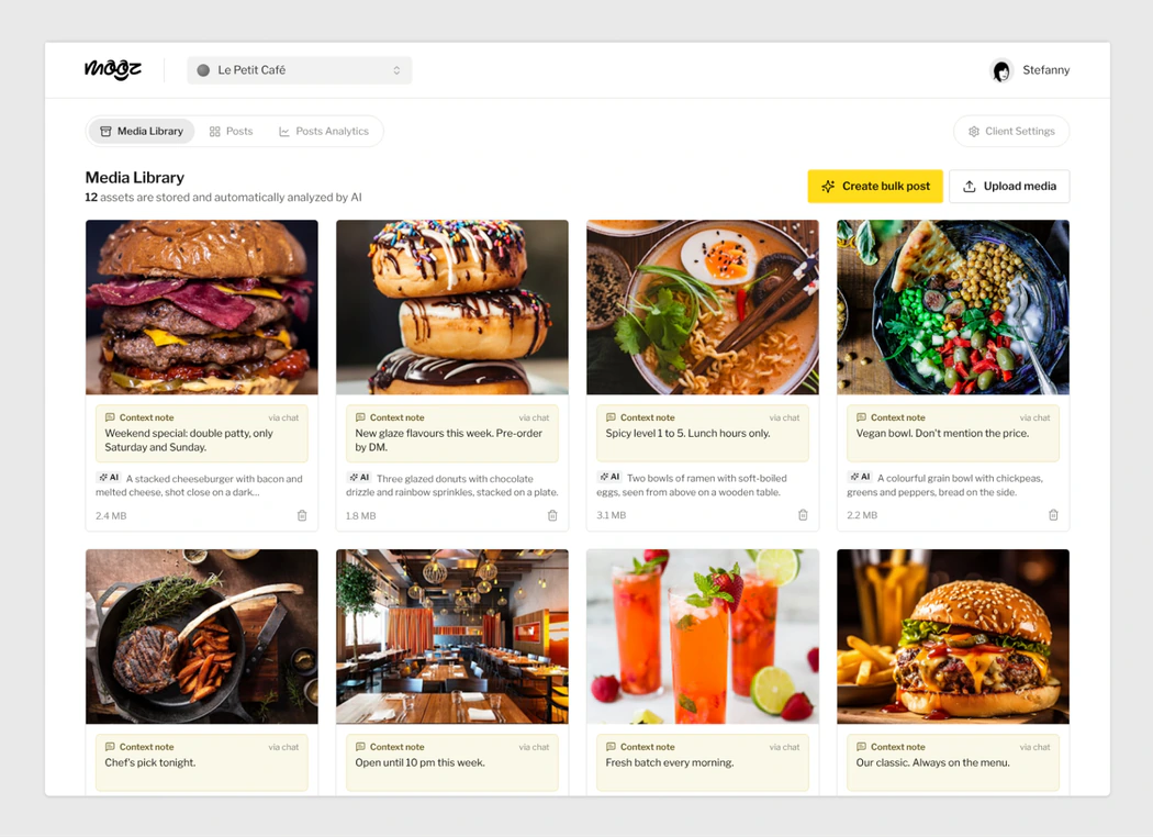Media library with 12 food photos, each with a context note from the manager's chat and an AI description, and a Create bulk post button.